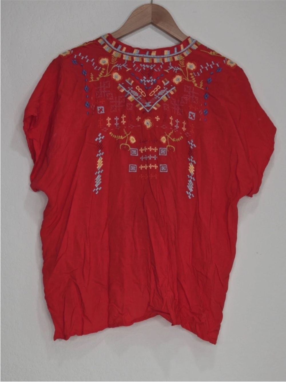 Johnny Was Biya Red Embroidered Boho Hippie Top Missio Blouse Shirt Size XS - Picture 2 of 8